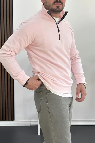 Erkek Yarım Fermuarlı Sweatshirt Pembe Edw212 - 2