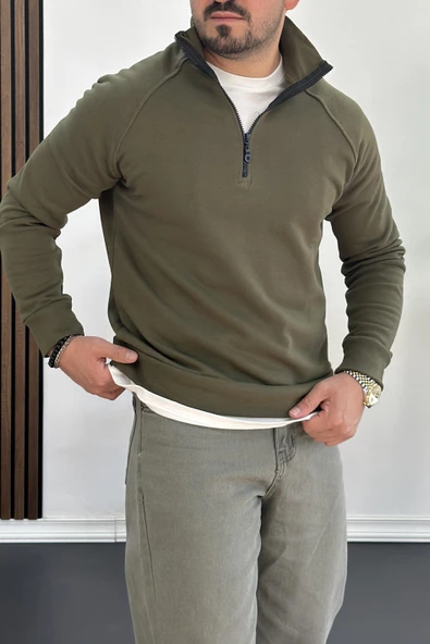 Erkek Yarım Fermuarlı Sweatshirt Yeşil Edw212 - 2