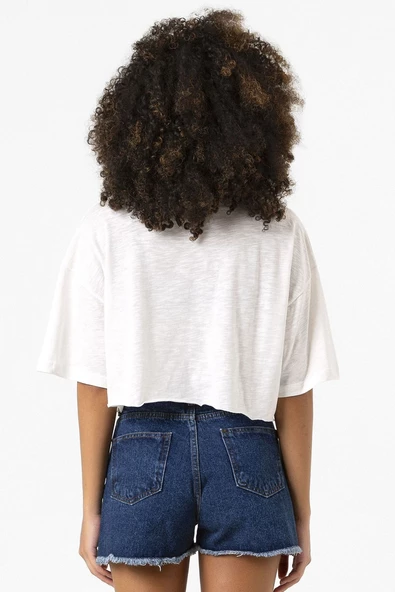 Black Pink Band Beyaz Kırçıllı Kadın Crop Tshirt - Resim 4