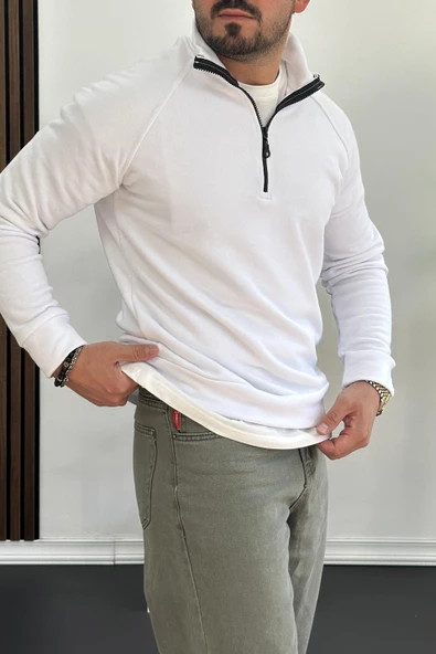 Erkek Yarım Fermuarlı Sweatshirt Beyaz Edw212 - 3