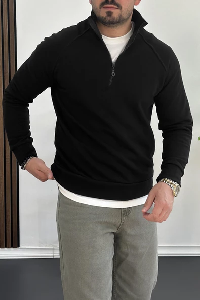 Erkek Yarım Fermuarlı Sweatshirt Siyah Edw212
