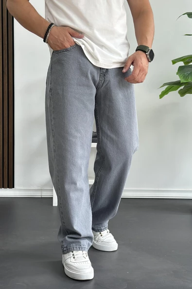 Erkek Baggy Kalıp Premium Düz Jean Pantolon Gri Edw182
