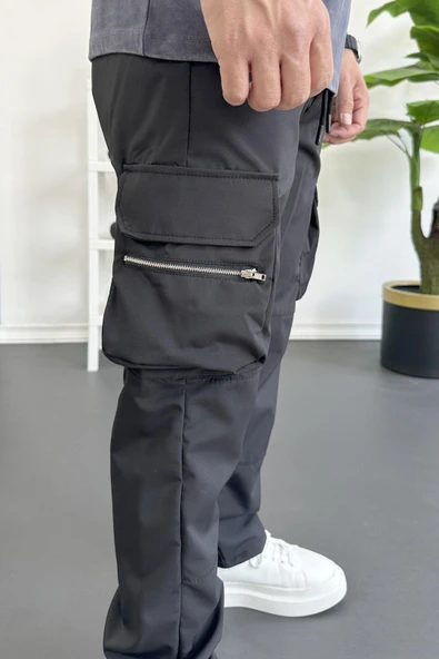 Erkek İnce Baggy Kalıp Kargo Pantolon Siyah Edw164 - Resim 5