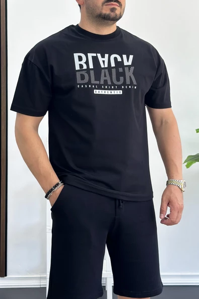 Erkek Oversize %100 Pamuk Baskılı T-shirt Siyah Edw157 ürün görseli