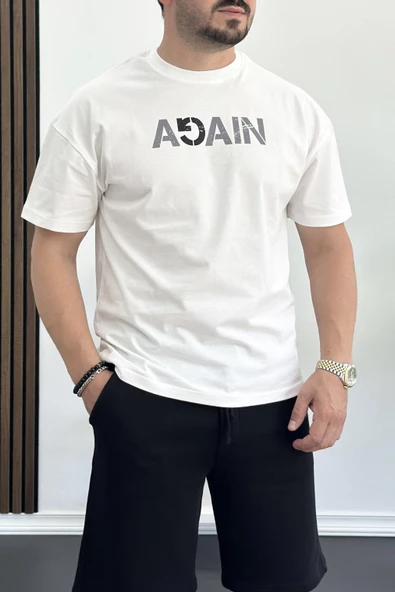 Erkek Oversize %100 Pamuk  Baskılı T-shirt Beyaz Edw154 ürün görseli