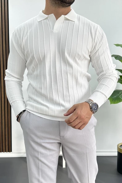 Erkek Polo Yaka Desenli Kazak Beyaz Edw211 - 2