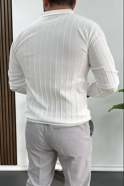 Erkek Polo Yaka Desenli Kazak Beyaz Edw211 - 4