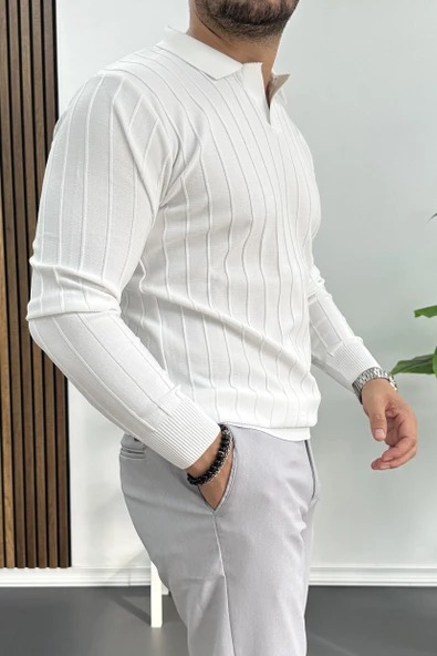 Erkek Polo Yaka Desenli Kazak Beyaz Edw211 - 3