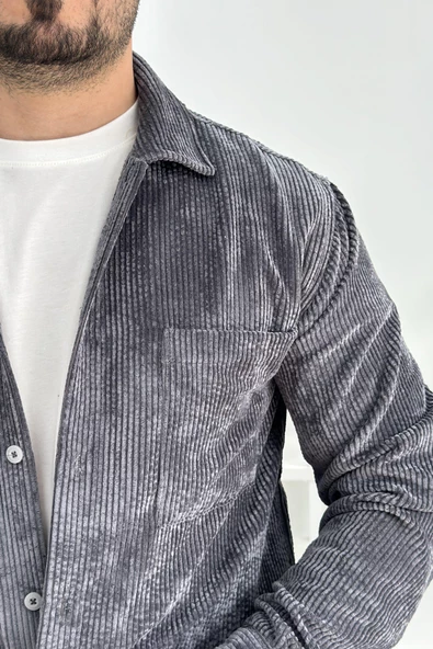 Erkek Kadife Kumaş Gömlek Antrasit Edw214 - 5