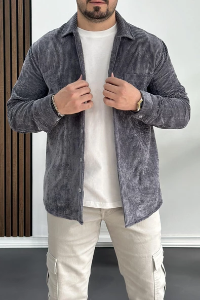 Erkek Kadife Kumaş Gömlek Antrasit Edw214 - 3