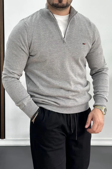 Erkek Yarım Fermuarlı Dik yaka Kazak Gri Edw217 - Resim 2