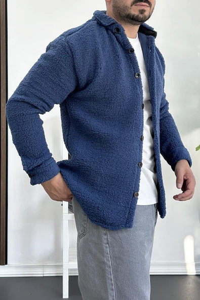 Erkek Slim Fit Peluş Hırka Mavi Edw203 - 2
