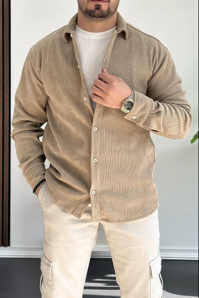 Erkek Pamuklu Kumaş Ekstra Likralı Gömlek Bej Edw216 ürün görseli