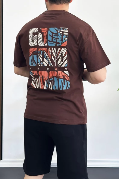 Erkek Oversize %100 Pamuk Sırt Baskılı T-shirt Kahverengi Edw161 ürün görseli