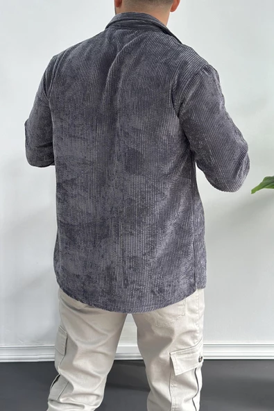 Erkek Kadife Kumaş Gömlek Antrasit Edw214 - 4