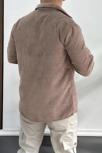 Erkek Kadife Kumaş Gömlek Kahverengi Edw214 - 3