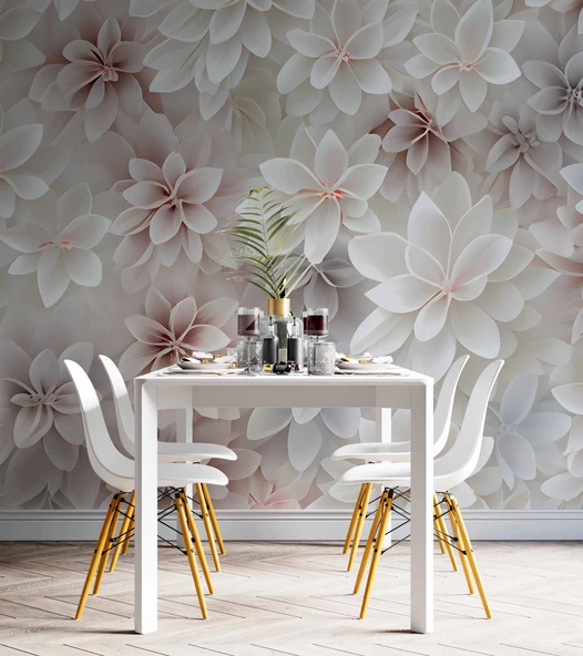 3 Boyutlu Beyaz Pembe Çiçek Çizim Temalı Duvar Kağıdı - Resim 5