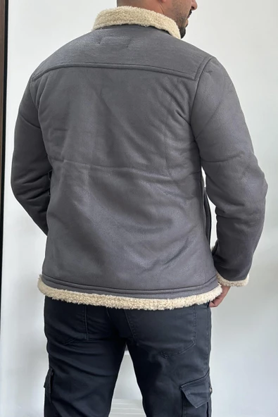 Erkek İçi Kürklü Suni Pul Deri Mont Gri Edw120 - 4
