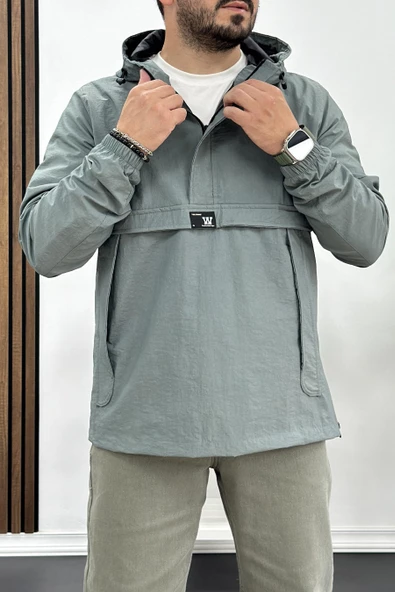 Erkek Slim Fit Krinkıl Kumaş Kanguru Cepli Yarım Fermuarlı Yağmurluk Mont Mint Yeşili Edw077 - 3