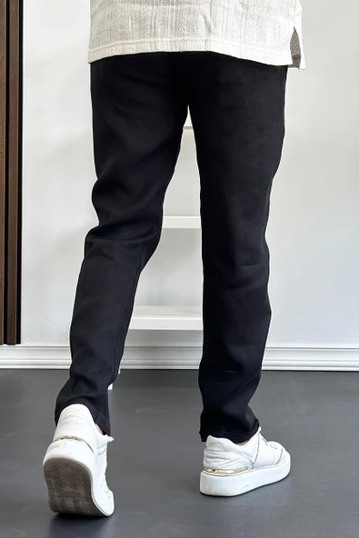 Erkek Slim Fit İnce Keten Pantolon Siyah Edw114 - Resim 3