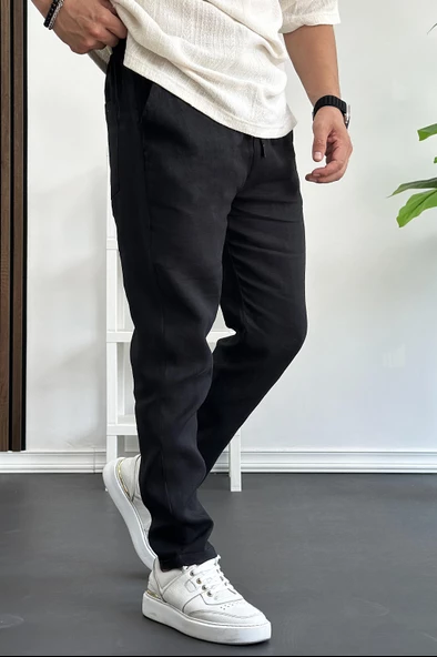Erkek Slim Fit İnce Keten Pantolon Siyah Edw114 - Resim 2