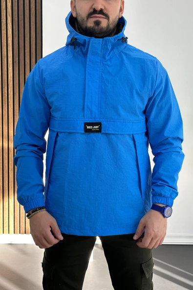 Erkek Slim Fit Krinkıl Kumaş Kanguru Cepli Yarım Fermuarlı Yağmurluk Mont Mavi Edw077 - 2