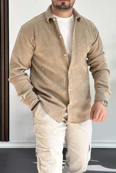 Erkek Pamuklu Kumaş Ekstra Likralı Gömlek Bej Edw216 - Resim 2