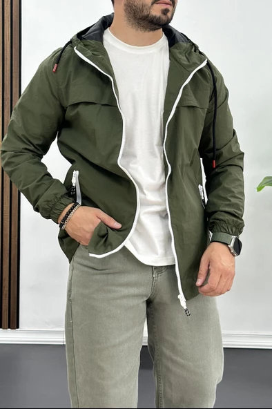Erkek Beyaz Fermuar Detaylı Kapüşonlu Mevsimlik Ceket Yeşil Edw170 - 2
