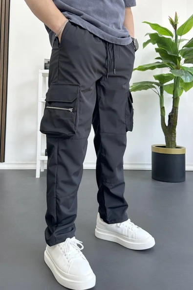 Erkek İnce Baggy Kalıp Kargo Pantolon Siyah Edw164 - Resim 2
