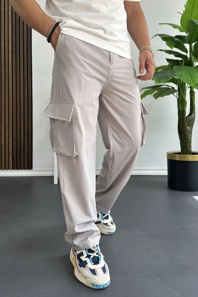 Erkek İnce Baggy Kalıp Kargo Pantolon Gri Edw173 - 1