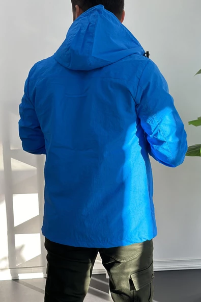 Erkek Slim Fit Krinkıl Kumaş Kanguru Cepli Yarım Fermuarlı Yağmurluk Mont Mavi Edw077 - 3