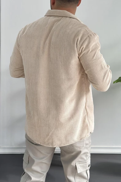 Erkek Kadife Kumaş Gömlek Krem Edw214 - 3