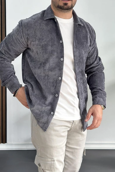 Erkek Kadife Kumaş Gömlek Antrasit Edw214 - 2