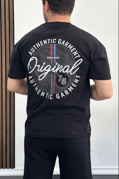 Erkek Oversize %100 Pamuk Sırt Baskılı T-shirt Siyah Edw160