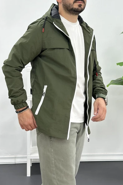 Erkek Beyaz Fermuar Detaylı Kapüşonlu Mevsimlik Ceket Yeşil Edw170 - 3
