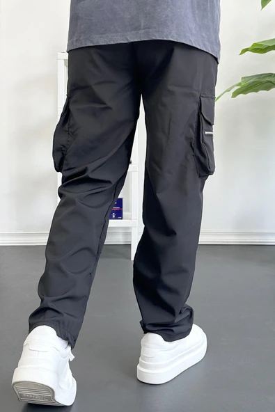 Erkek İnce Baggy Kalıp Kargo Pantolon Siyah Edw164 - Resim 6