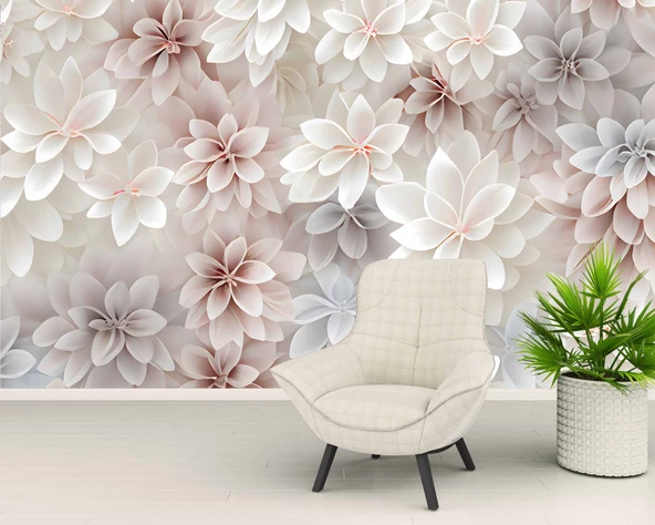 3 Boyutlu Beyaz Pembe Çiçek Çizim Temalı Duvar Kağıdı - Resim 6