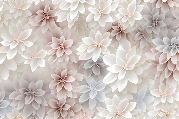 3 Boyutlu Beyaz Pembe Çiçek Çizim Temalı Duvar Kağıdı - Resim 7