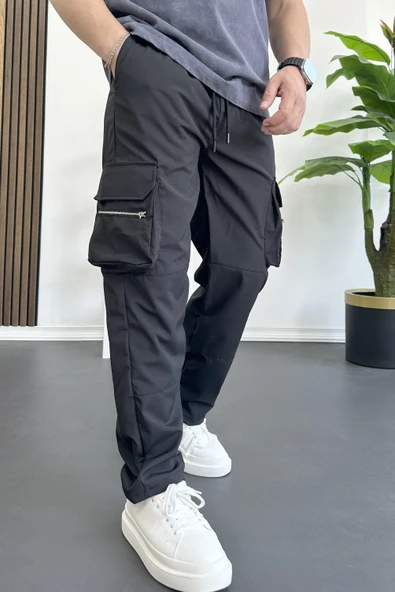 Erkek İnce Baggy Kalıp Kargo Pantolon Siyah Edw164 - Resim 3