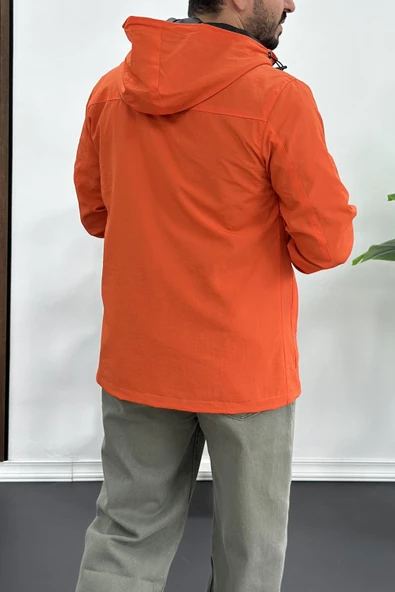 Erkek Slim Fit Krinkıl Kumaş Kanguru Cepli Yarım Fermuarlı Yağmurluk Mont Kırmızı Edw077 - 5