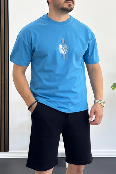 Erkek Oversize %100 Pamuk Baskılı T-shirt Mavi Edw159 ürün görseli