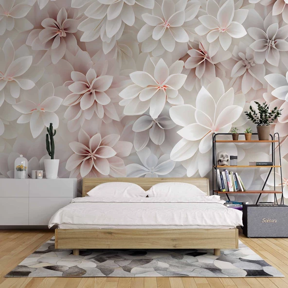 3 Boyutlu Beyaz Pembe Çiçek Çizim Temalı Duvar Kağıdı - Resim 2
