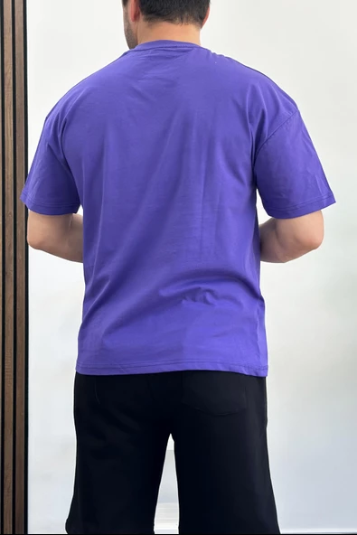 Erkek Oversize %100 Pamuk  Baskılı T-shirt Mor Edw156 - Resim 2