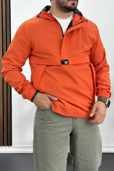 Erkek Slim Fit Krinkıl Kumaş Kanguru Cepli Yarım Fermuarlı Yağmurluk Mont Kırmızı Edw077 - 3