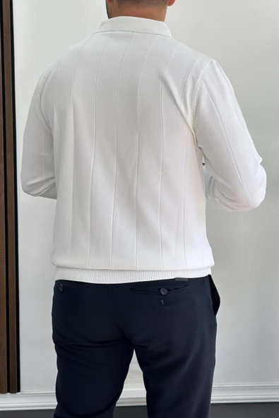 Erkek Yarım Fermuarlı Polo Yaka Mevsimlik Kazak Beyaz Edw195 - 3