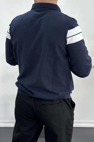 Erkek Çizgili Yarım Fermuarlı Polo Yaka Kazak Lacivert Edw218 - 3