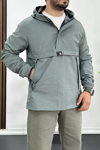 Erkek Slim Fit Krinkıl Kumaş Kanguru Cepli Yarım Fermuarlı Yağmurluk Mont Mint Yeşili Edw077 - 2