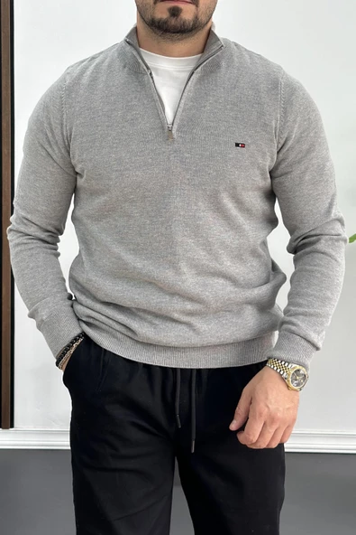 Erkek Yarım Fermuarlı Dik yaka Kazak Gri Edw217 ürün görseli