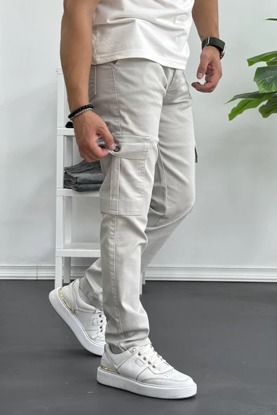 Erkek Yan Cepli Kargo Pantolon Taş Edw184 - Resim 4