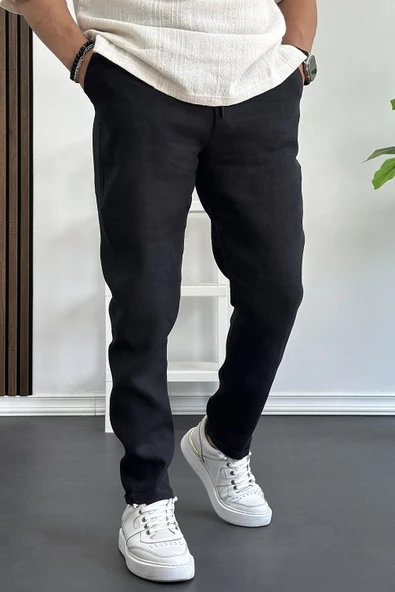 Erkek Slim Fit İnce Keten Pantolon Siyah Edw114 ürün görseli